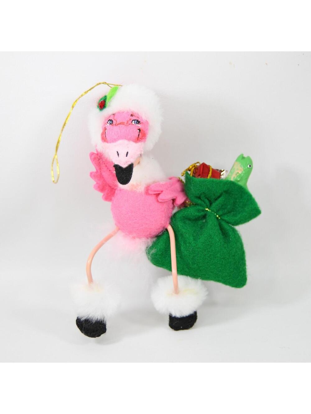 Vintage 2008 Annalee Flamingo Santa Hat Fish in Sack Christmas Ornament 5.5"